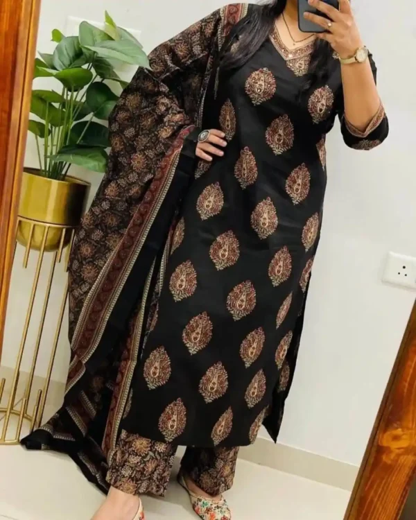 Floral Printed Black Cotton Suit Set