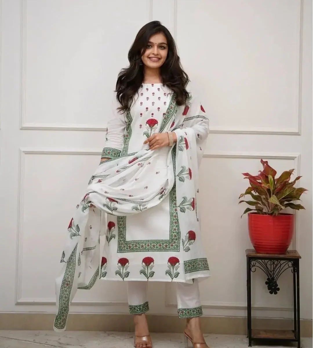 Floral Printed White Cotton Suit Set