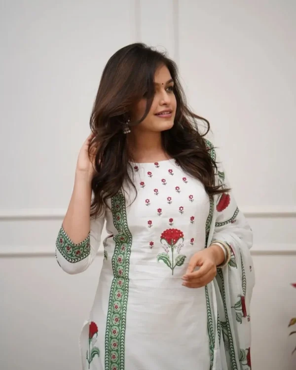 Floral Printed White Cotton Suit Set