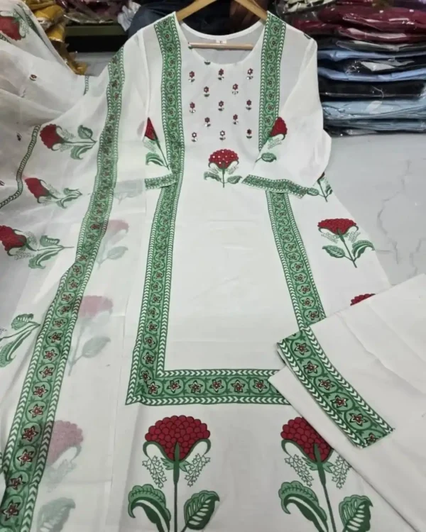 Floral Printed White Cotton Suit Set