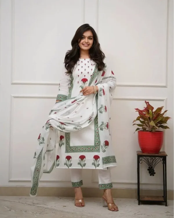 Floral Printed White Cotton Suit Set
