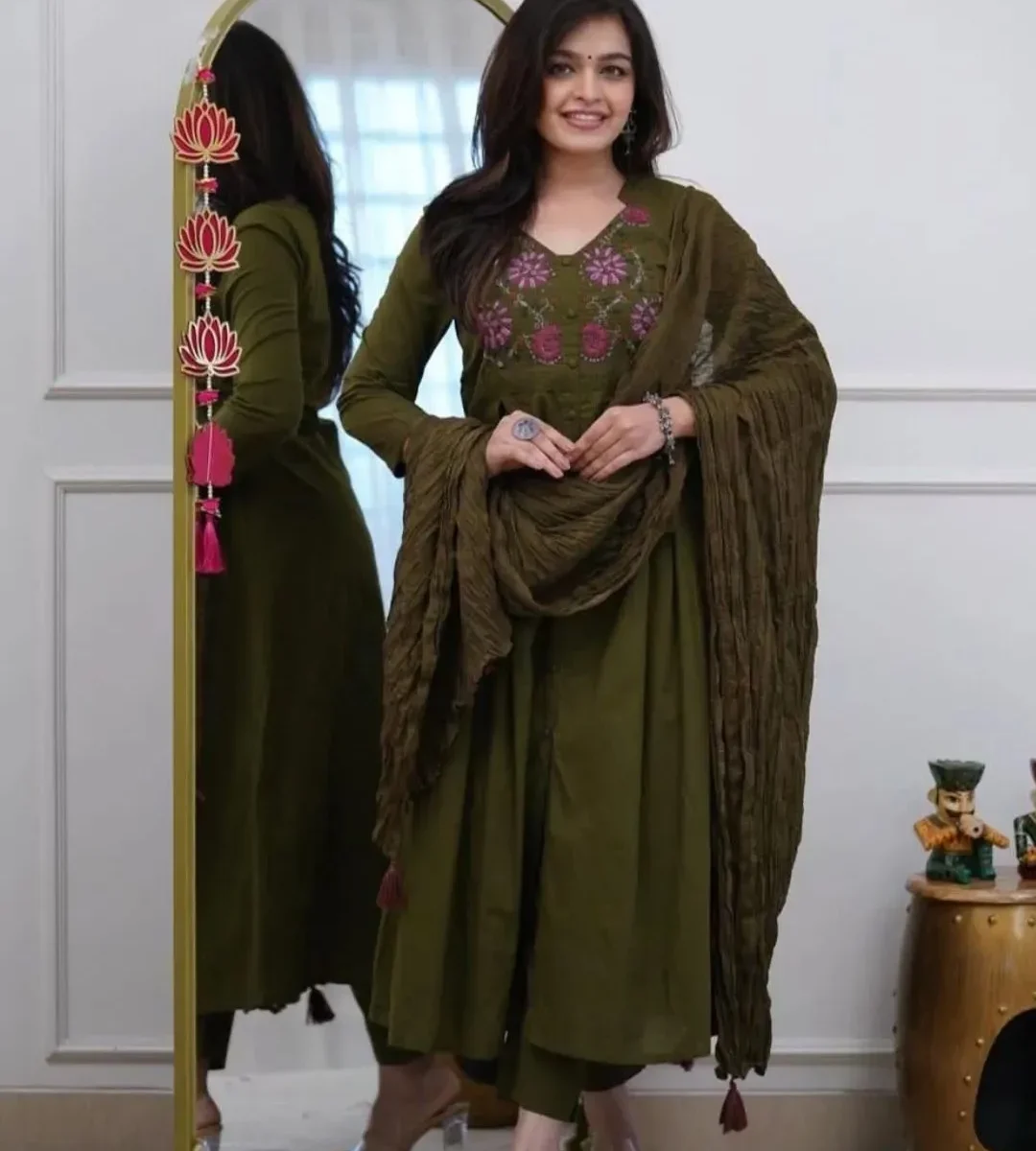 Green Cotton Kurti Pant Dupatta Set