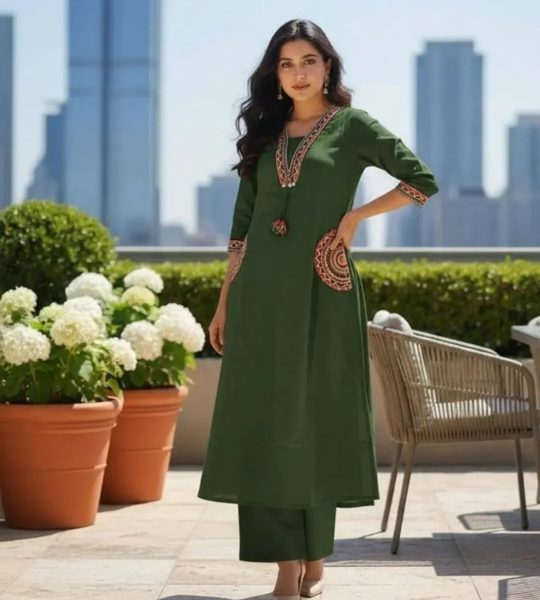 Green Cotton Kurti Plazo Set​