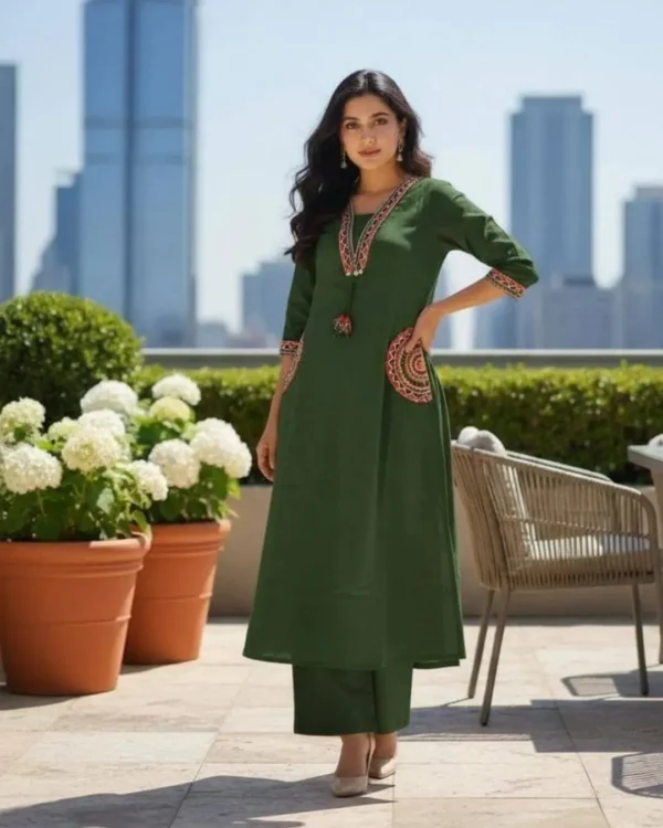 Green Cotton Kurti Plazo Set​