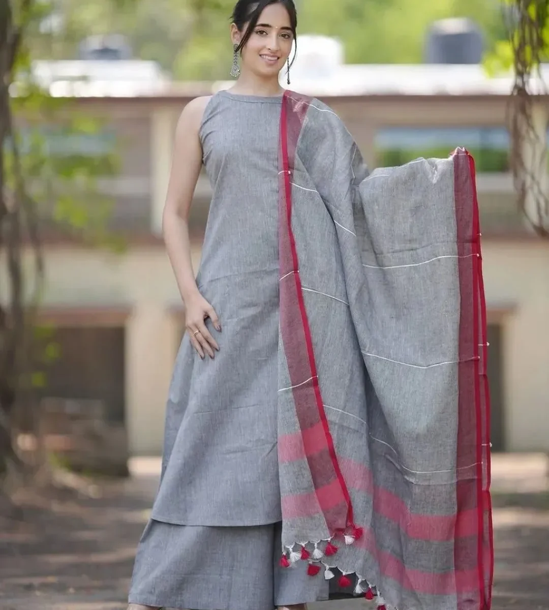 Grey South Cotton Kurti Pant With Dupatta