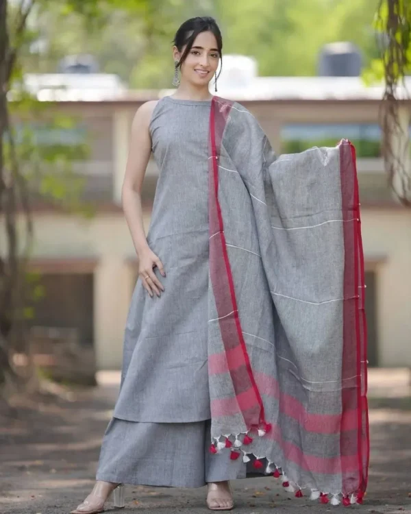 Grey South Cotton Kurti Pant With Dupatta