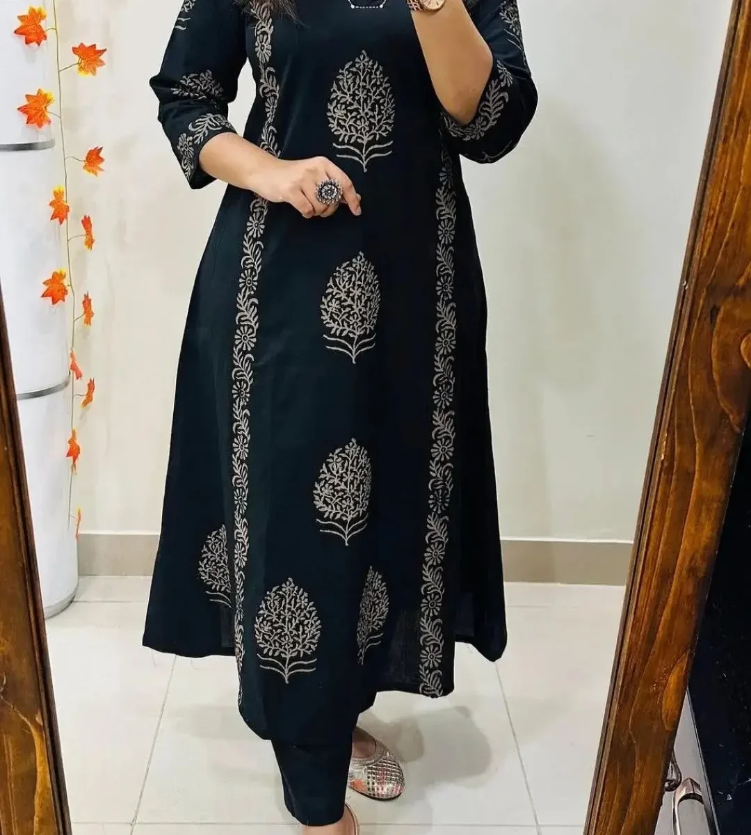 Hand Block Print White Cotton Kurti Pant Set