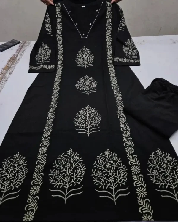 Hand Block Print White Cotton Kurti Pant Set