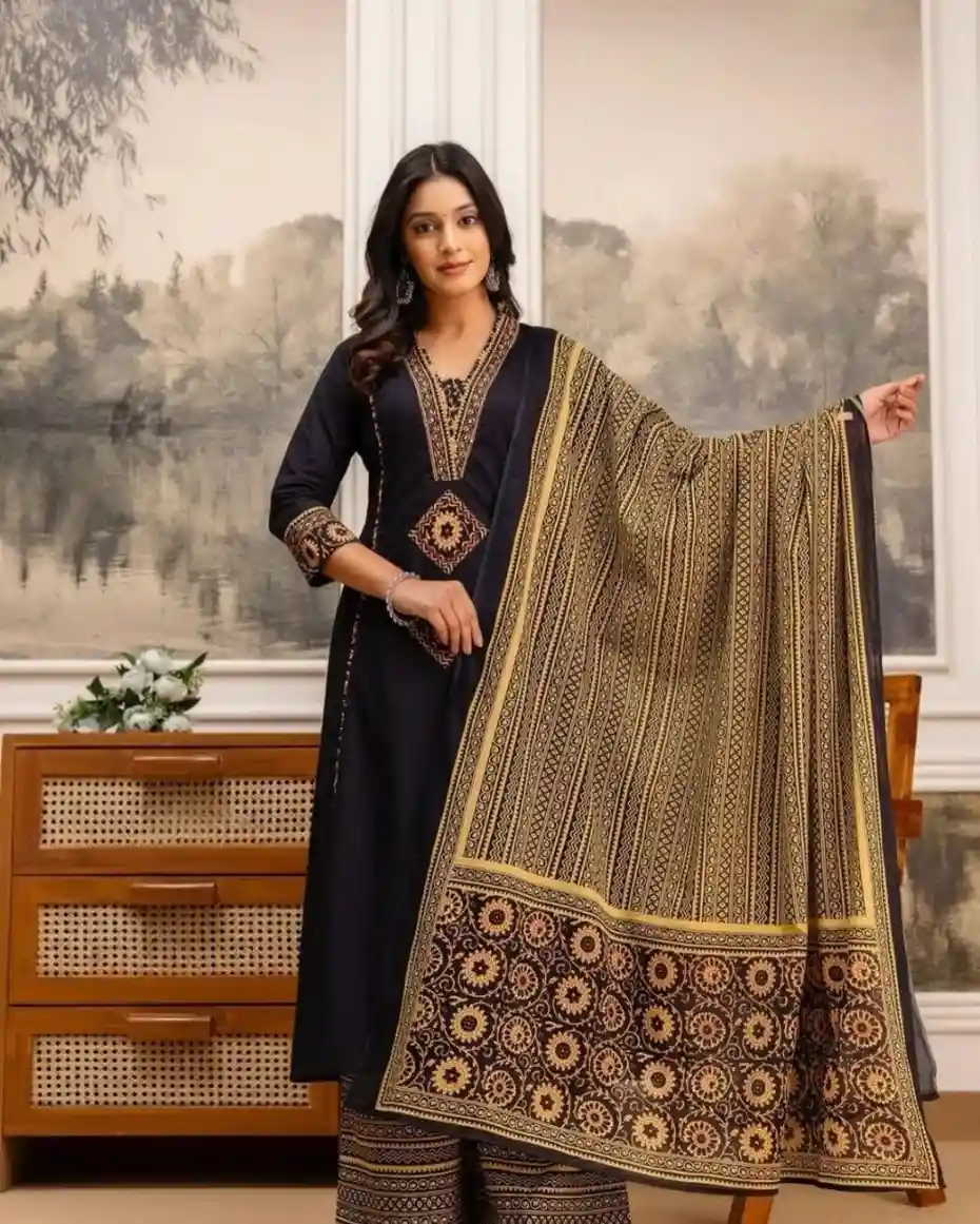 Jaipuri Printed Cotton Black Suit Set