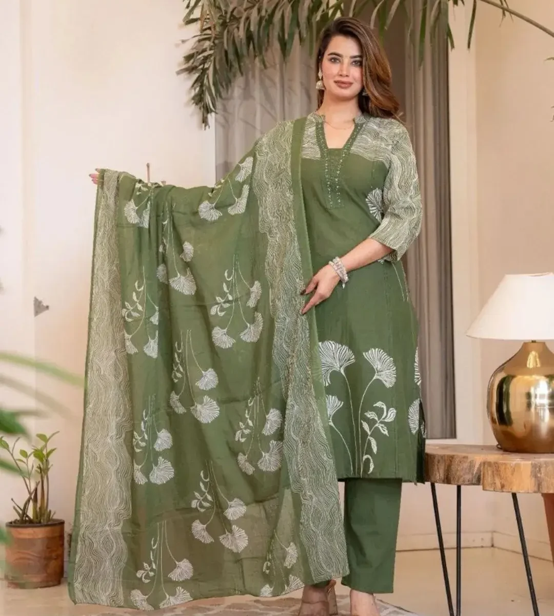 Khakhi Green Floral Print Suit Set