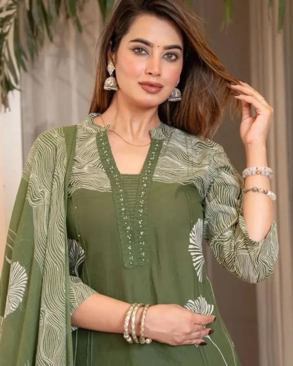 Khakhi Green Floral Print Suit Set