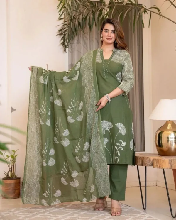 Khakhi Green Floral Print Suit Set