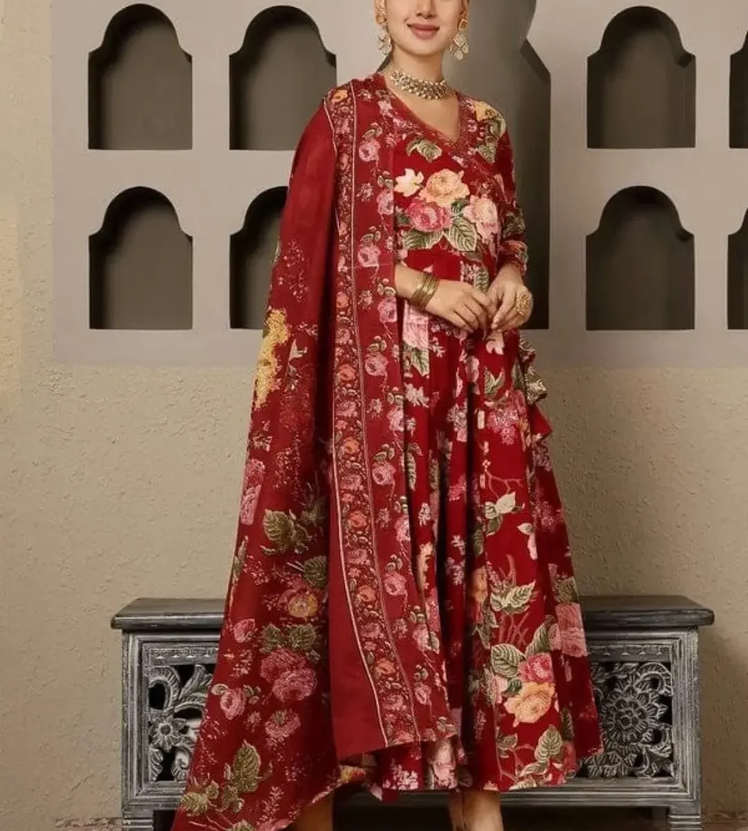 Maroon Angrakha Style Kurti Set