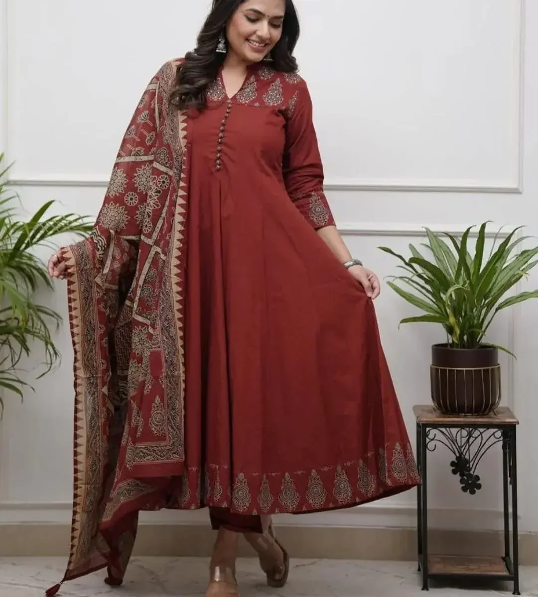 Maroon Cotton Kurti Pant With Design Dupatta
