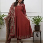 Maroon Cotton Kurti Pant With Design Dupatta