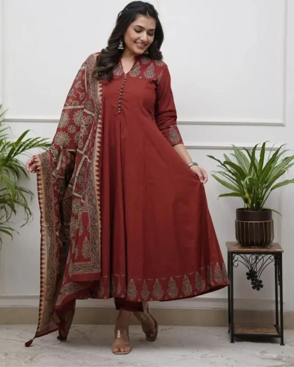 Maroon Cotton Kurti Pant With Design Dupatta