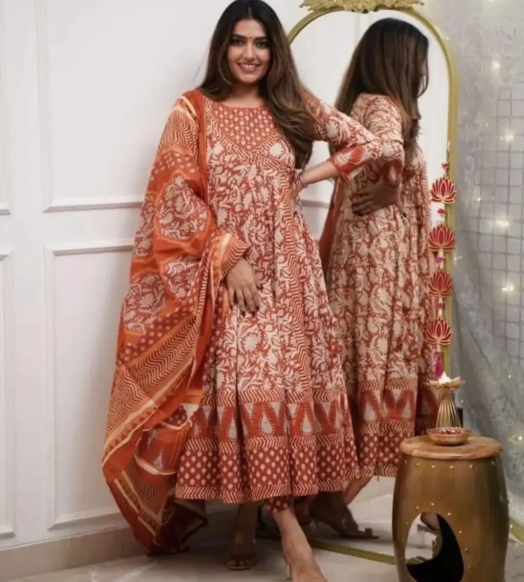 Multicolored Cotton Kurti Pant Dupatta Set