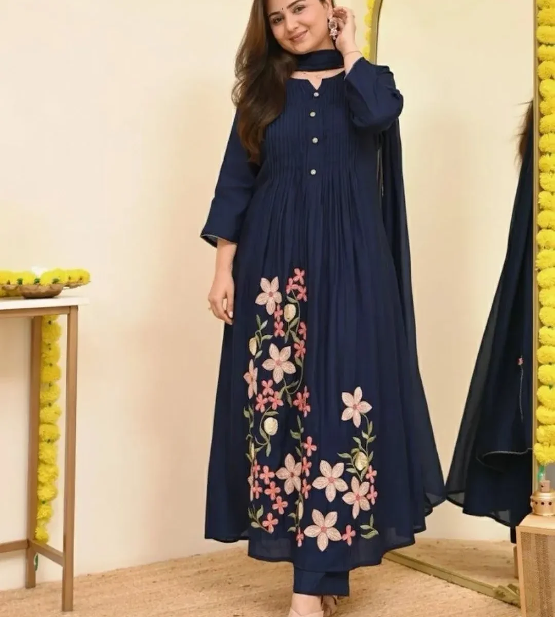 Navy Blue Cotton Kurti Pant Dupatta Set​