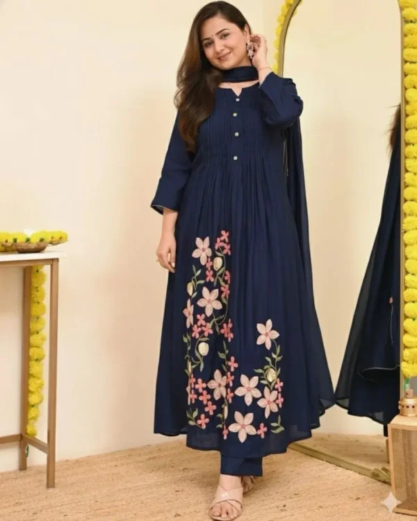 Navy Blue Cotton Kurti Pant Dupatta Set​