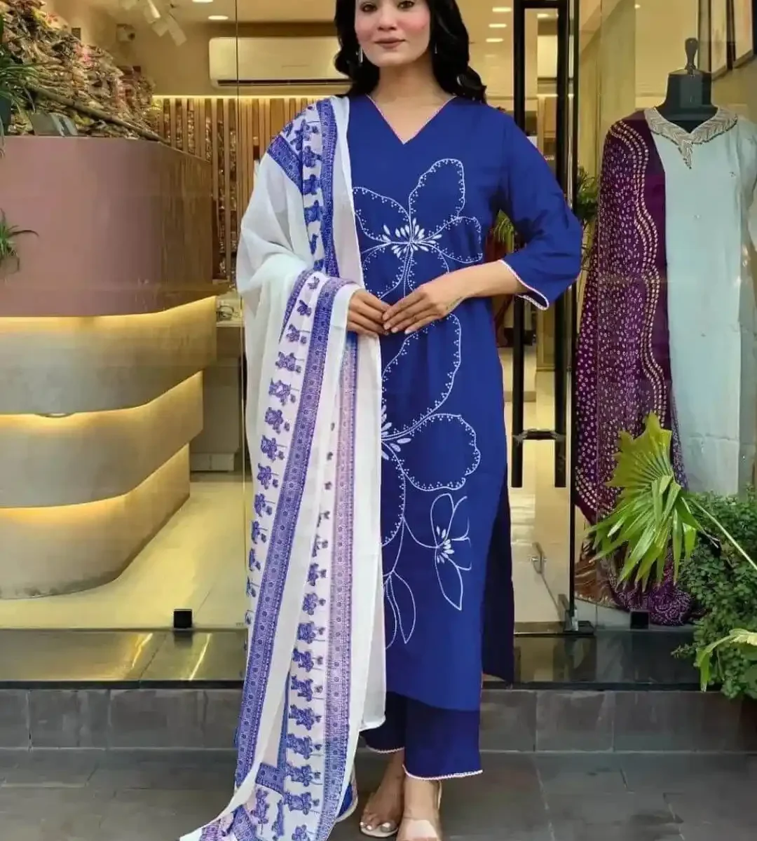 Navy Blue Cotton Kurti Pant Dupatta Set​