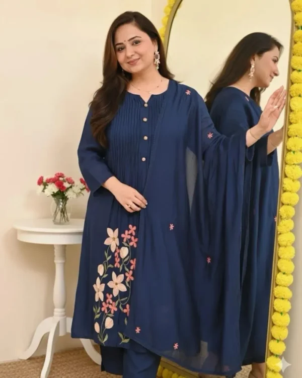Navy Blue Cotton Kurti Pant Dupatta Set​