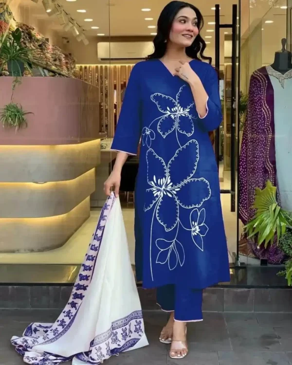 Navy Blue Cotton Kurti Pant Dupatta Set​