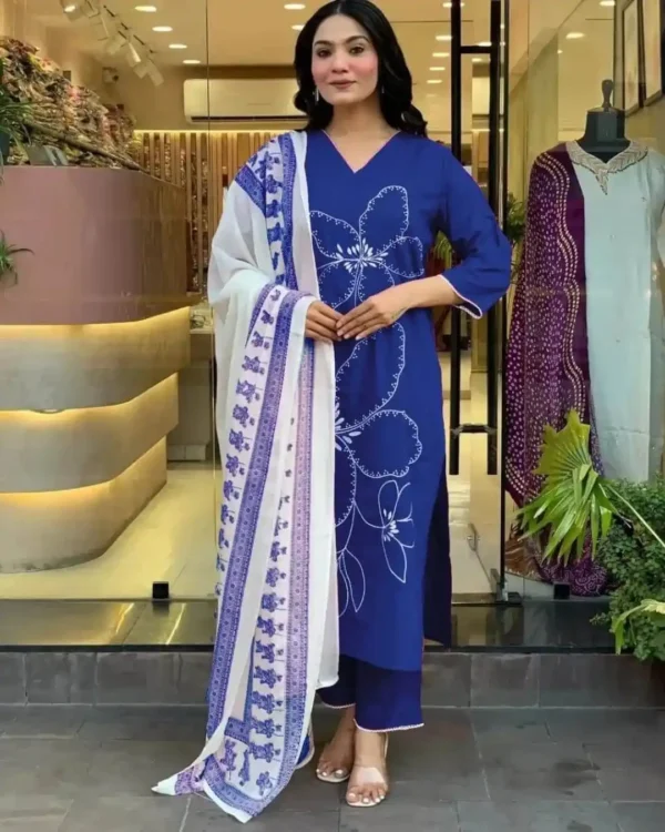 Navy Blue Cotton Kurti Pant Dupatta Set​
