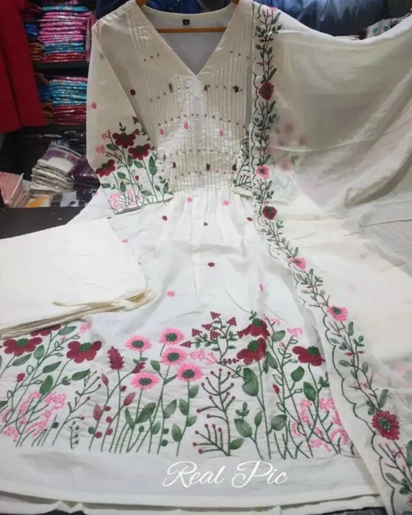 Off White Cotton Kurti​ Pant Dupatta Set