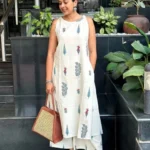 Off White Cotton Sleeveless Kurti Pant Set