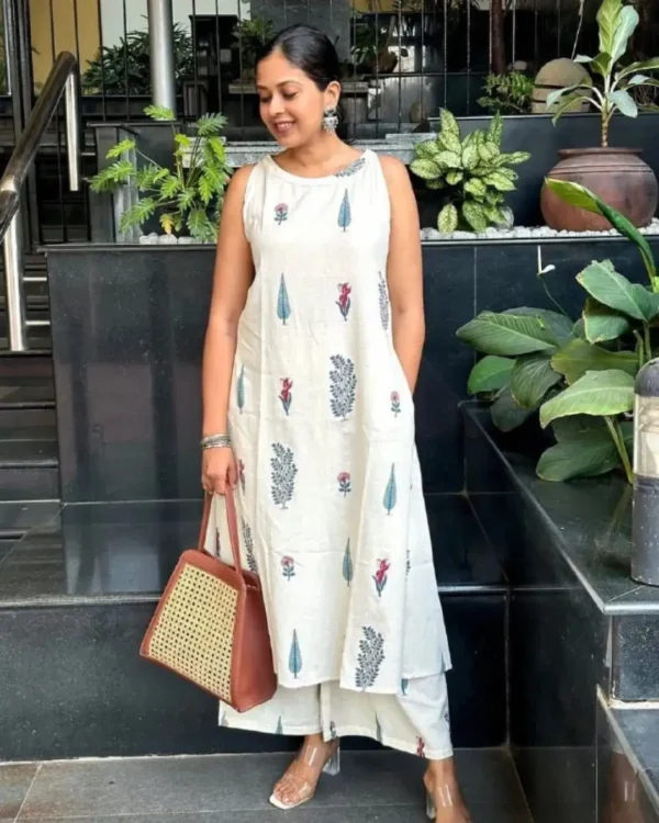 Off White Cotton Sleeveless Kurti Pant Set
