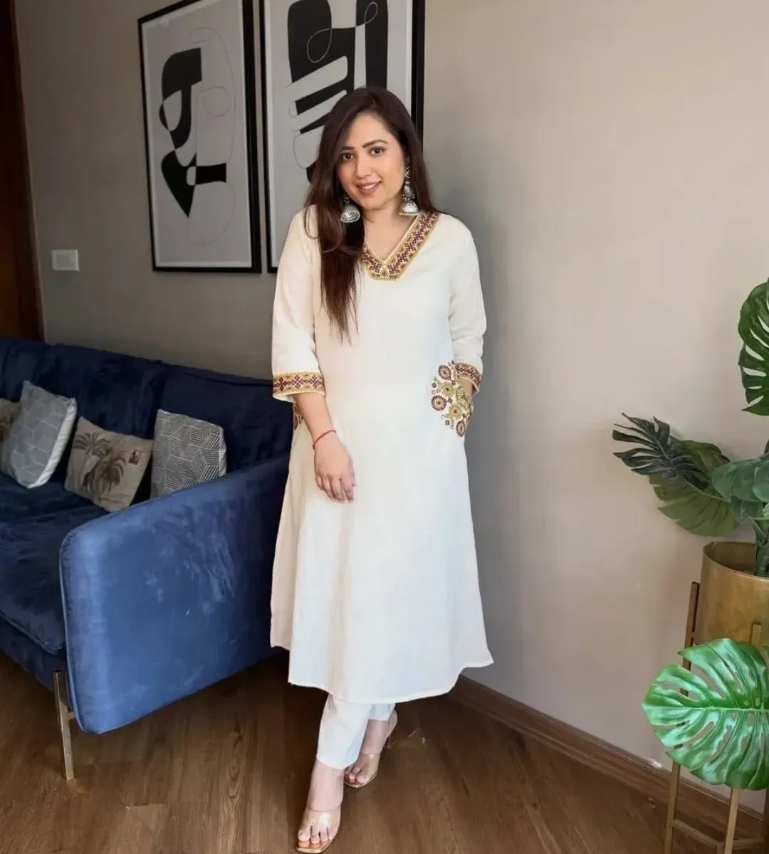 Off White Kurti Combination With Pant Set