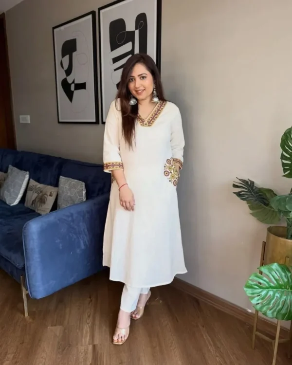 Off White Kurti Combination With Pant Set