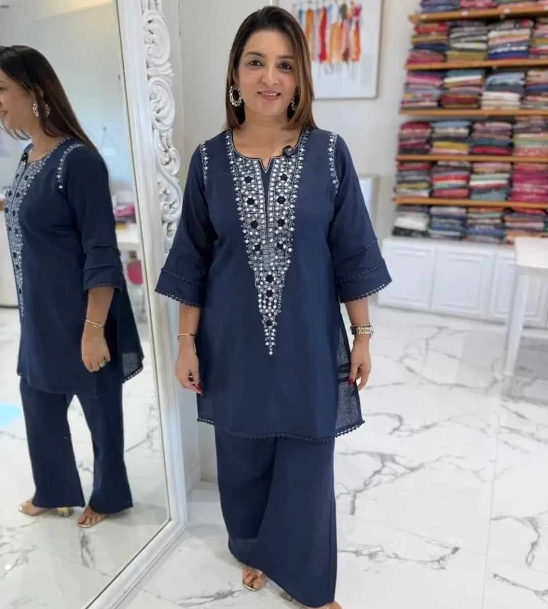 Office Wear Blue Cotton Kurti Pant Set