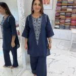 Office Wear Blue Cotton Kurti Pant Set