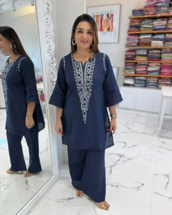 Office Wear Blue Cotton Kurti Pant Set