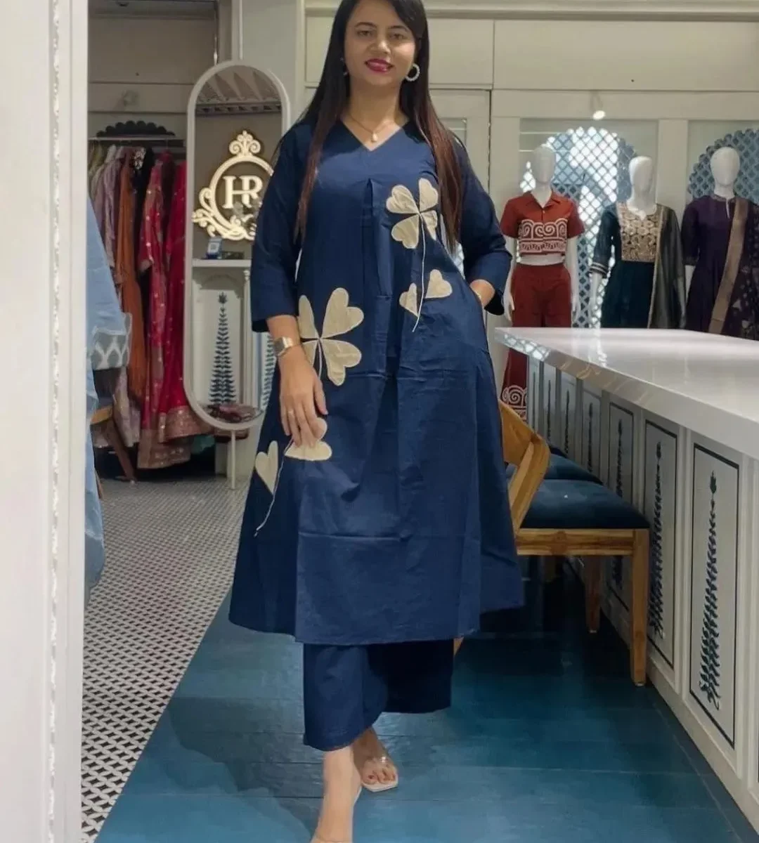 Office Wear Blue Cotton Kurti Pant Set