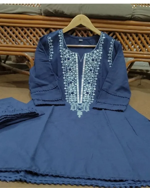 Office Wear Blue Cotton Kurti Pant Set
