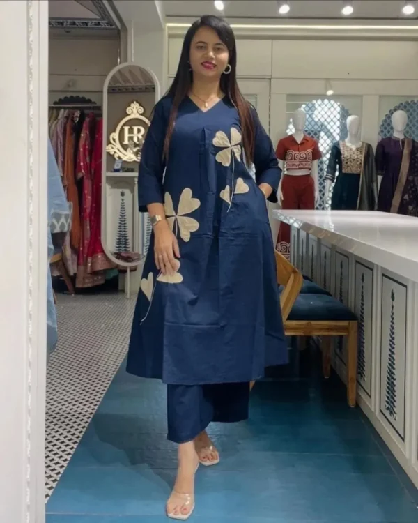 Office Wear Blue Cotton Kurti Pant Set