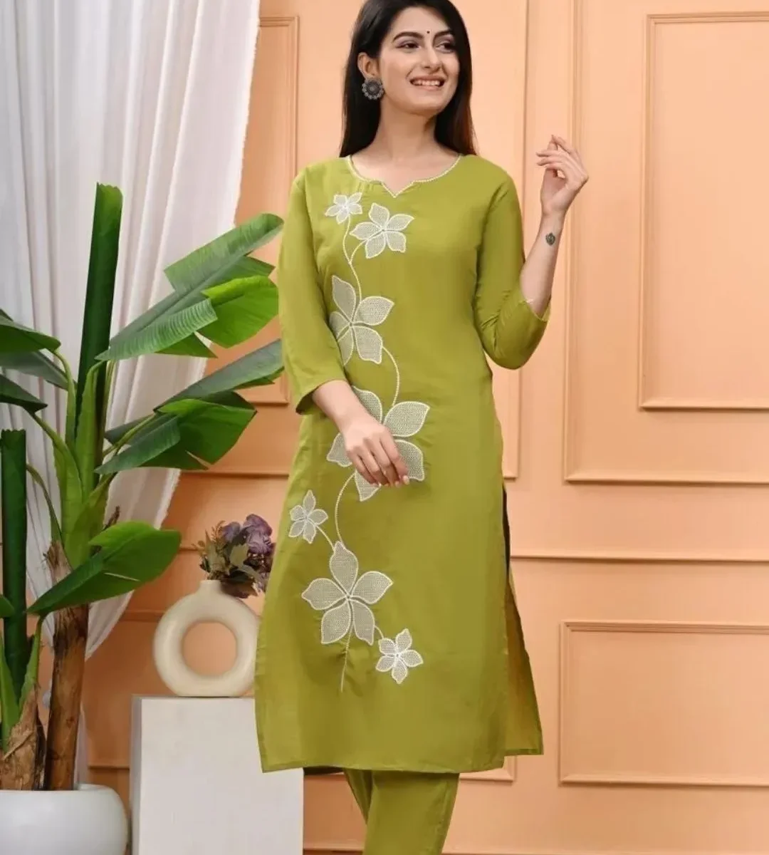 Office Wear Cotton Green Kurti Pant Set