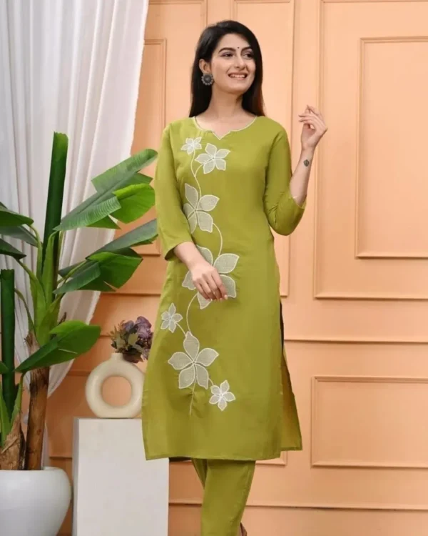 Office Wear Cotton Green Kurti Pant Set