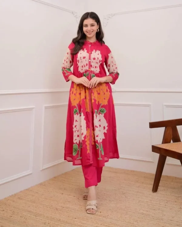Office Wear Cotton Pink Kurti Pant Set