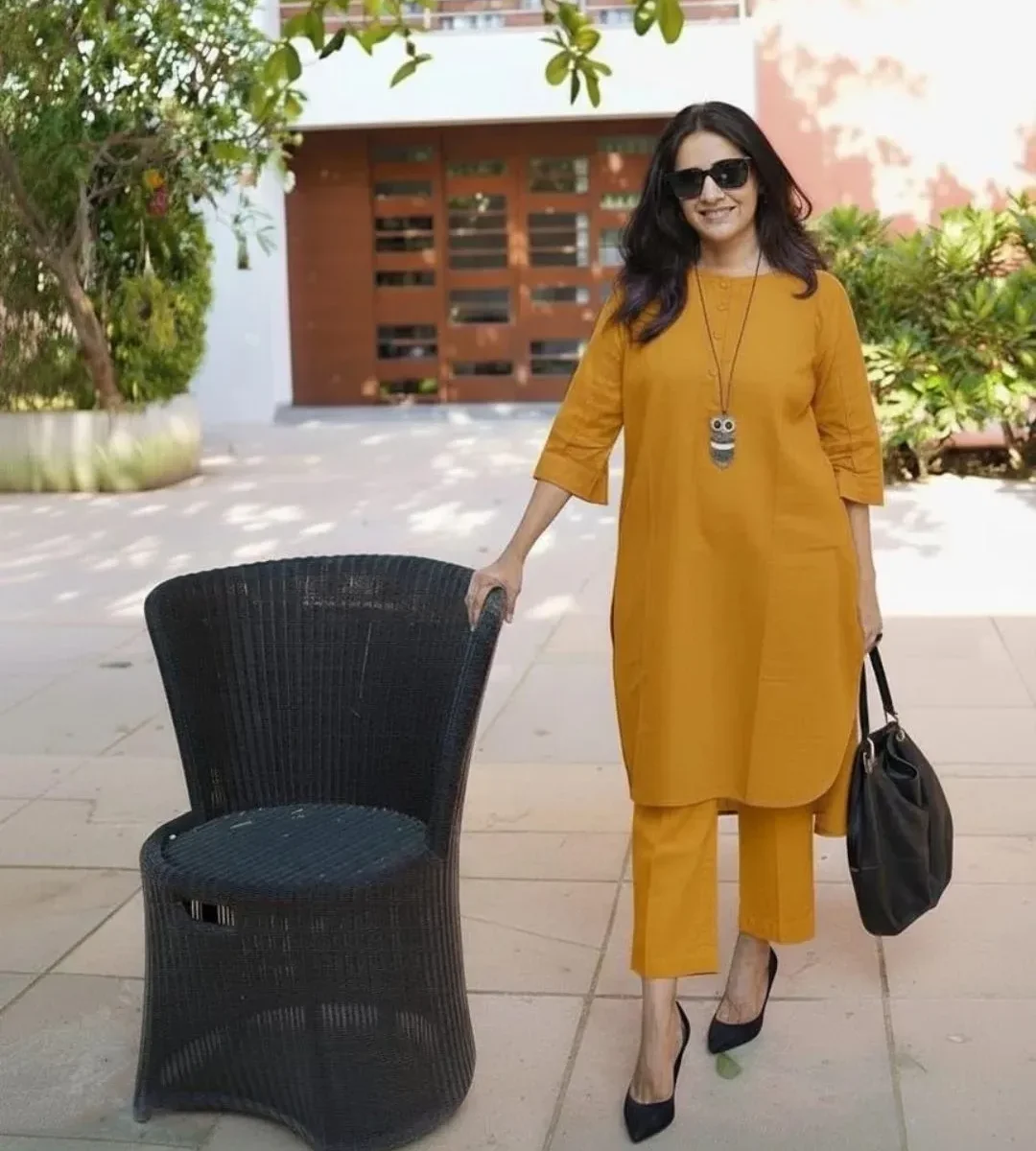 Office Wear Yellow Cotton Kurti Pant Set