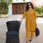 Office Wear Yellow Cotton Kurti Pant Set