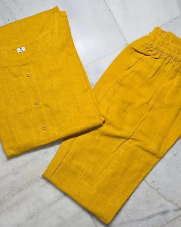Office Wear Yellow Cotton Kurti Pant Set (2)