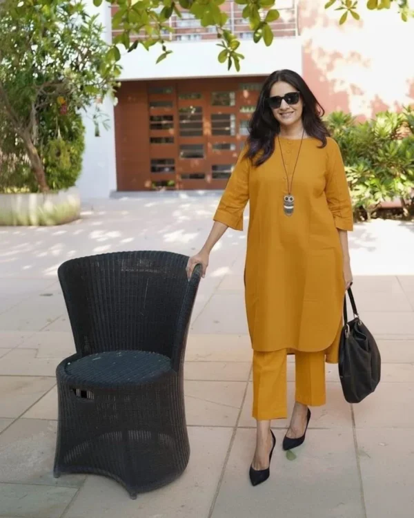 Office Wear Yellow Cotton Kurti Pant Set