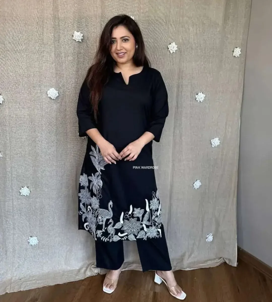 Party Wear Cotton Black Kurti Pant Set