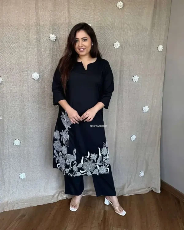 Party Wear Cotton Black Kurti Pant Set