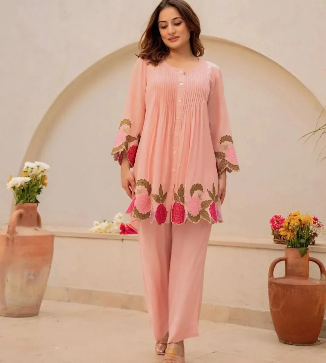 Peach Cotton Kurti With Pant Set​