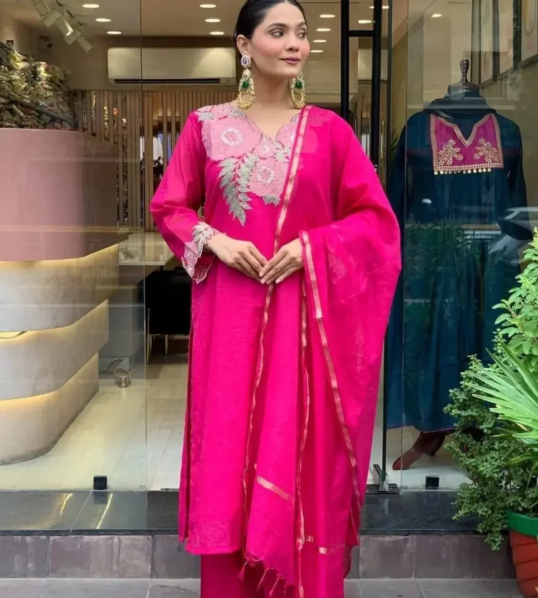Pink Cotton Kurti Pant With Dupatta Set