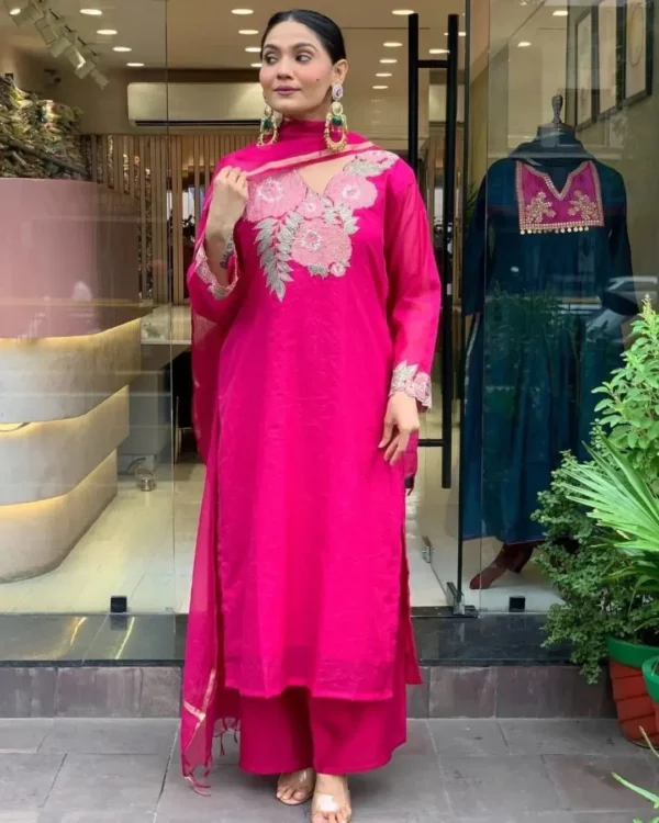 Pink Cotton Kurti Pant With Dupatta Set